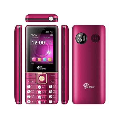 CELLECOR C60+ Dual Sim Feature Phone 2750 mAH Battery with Vibration, Mp3 & Mp4 Player, 3.5 mm Jack, Torch Light, Wireless FM and Rear Camera (2.4" Display) - Redwine