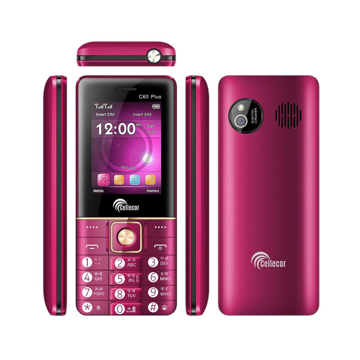 CELLECOR C60+ Dual Sim Feature Phone 2750 mAH Battery with Vibration, Mp3 & Mp4 Player, 3.5 mm Jack, Torch Light, Wireless FM and Rear Camera (2.4" Display) - Redwine