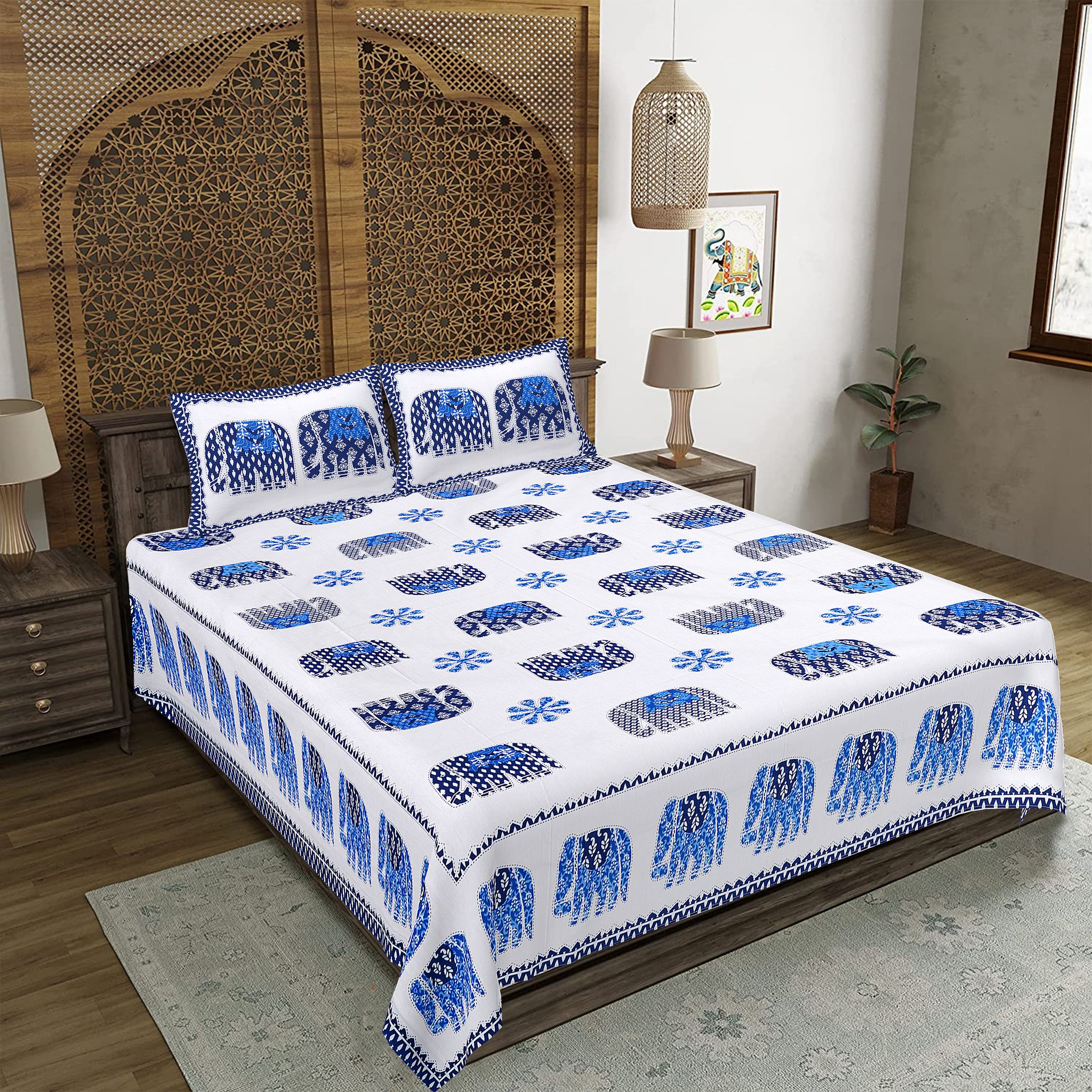 King Size Cotton Double Bedsheet (93x108 inches) with 2 Pillow Covers-(DGDB-CutworkHaati)