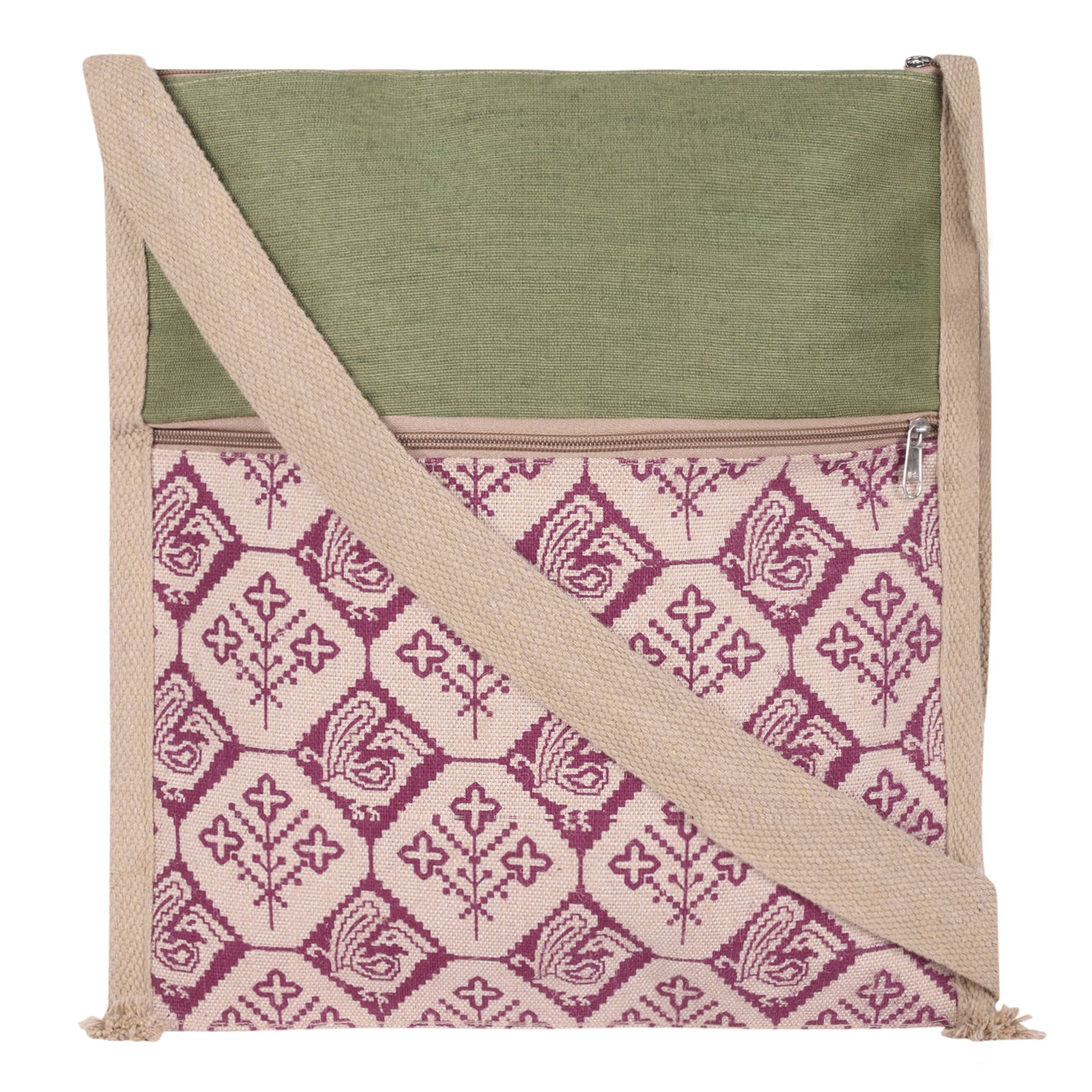 Raiganj Crafts Stylish and Sustainable Jute Side Bags - Eco friendly Fashion bag for grocery/shopping/tiffin/handbag with zip and jute handle for mens and womens