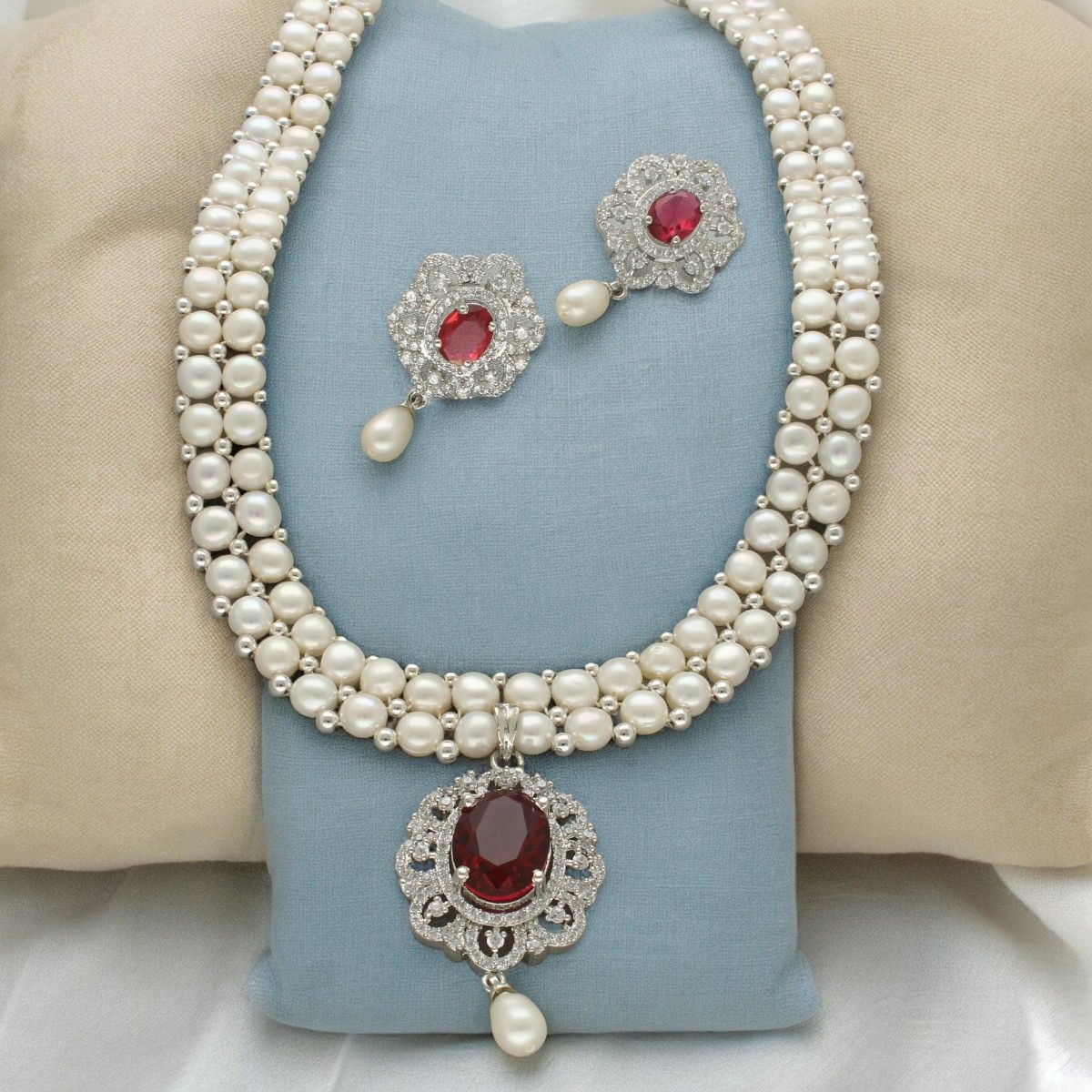 Sri Jagdamba Pearls Ravishing Dual Line Pearl Necklace Set