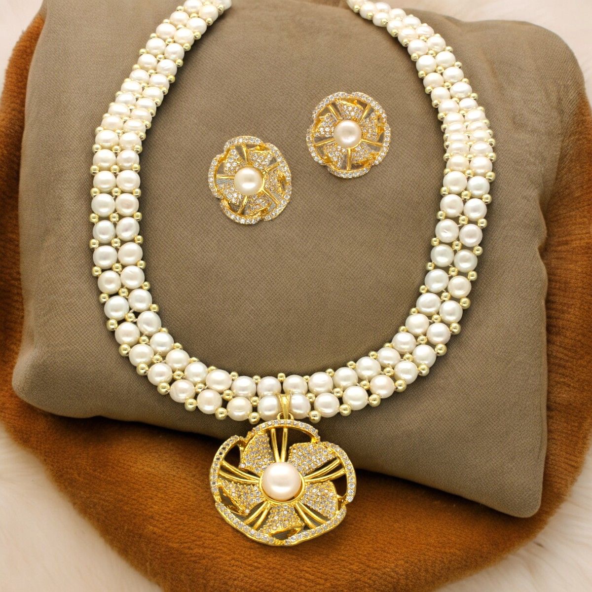 Sri Jagdamba Pearls Resplendent Dual Line Pearl Necklace Set