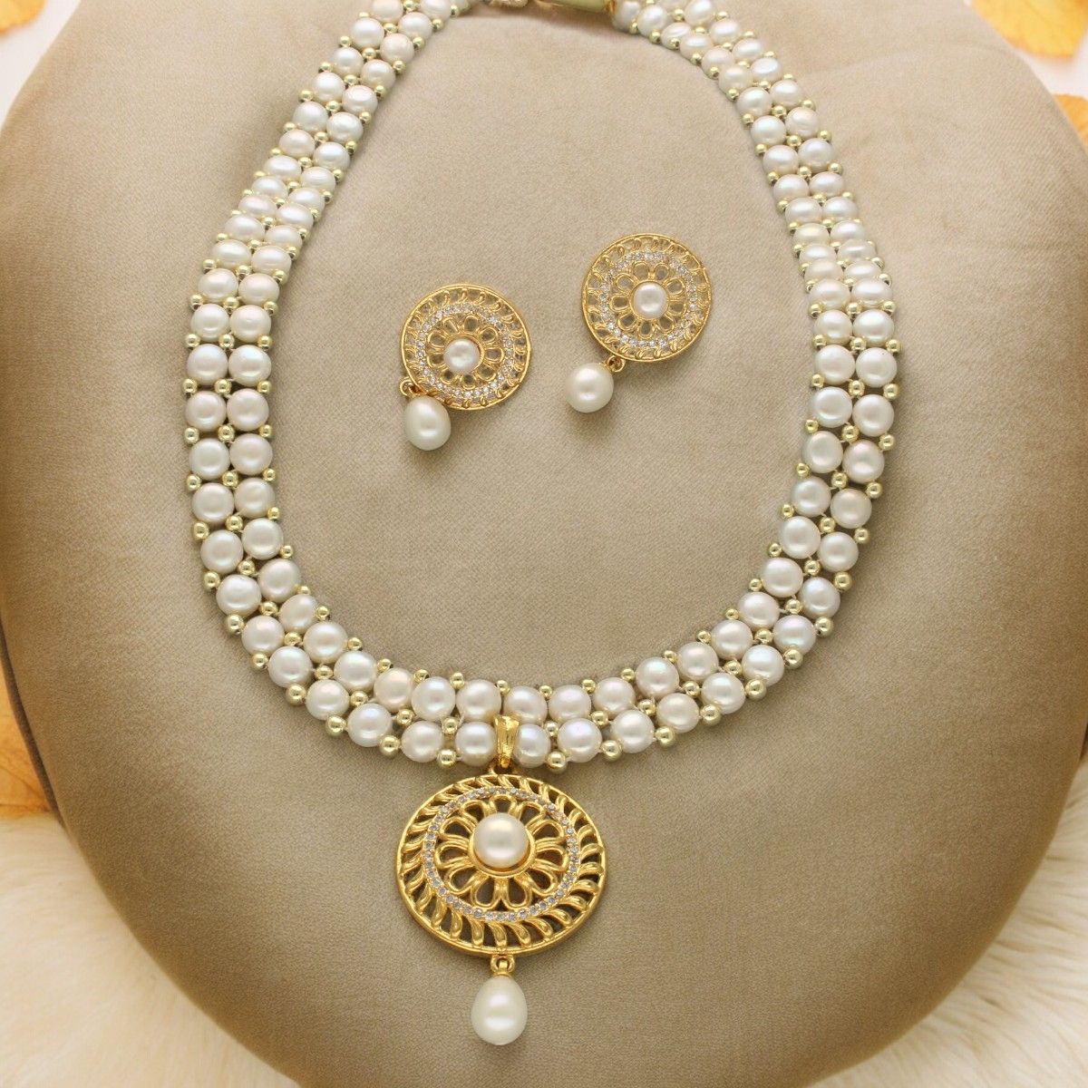 Sri Jagdamba Pearls Picturesque Dual Line Pearl Necklace Set