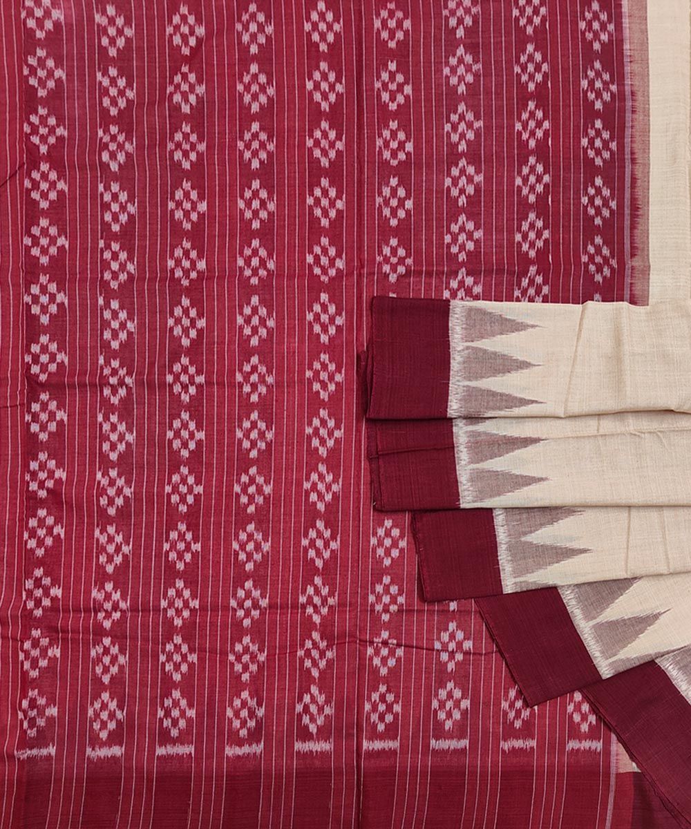 Cream Maroon Nuapatna Handwoven Single Ikat Cotton Saree SFCSAR1173