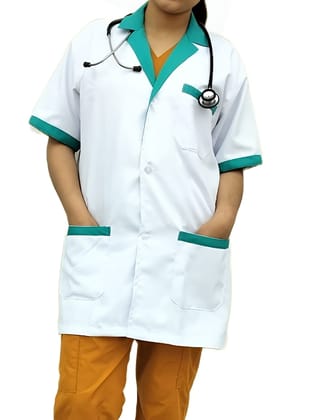 Medical Staff Apron | 3-Pockets Apron | White Color | Unisex Pattern | Style with Green Collar | Comfortable | Durable | Best Fitted For Medical Professionals (Staff, Nursing & Lab Technicians)