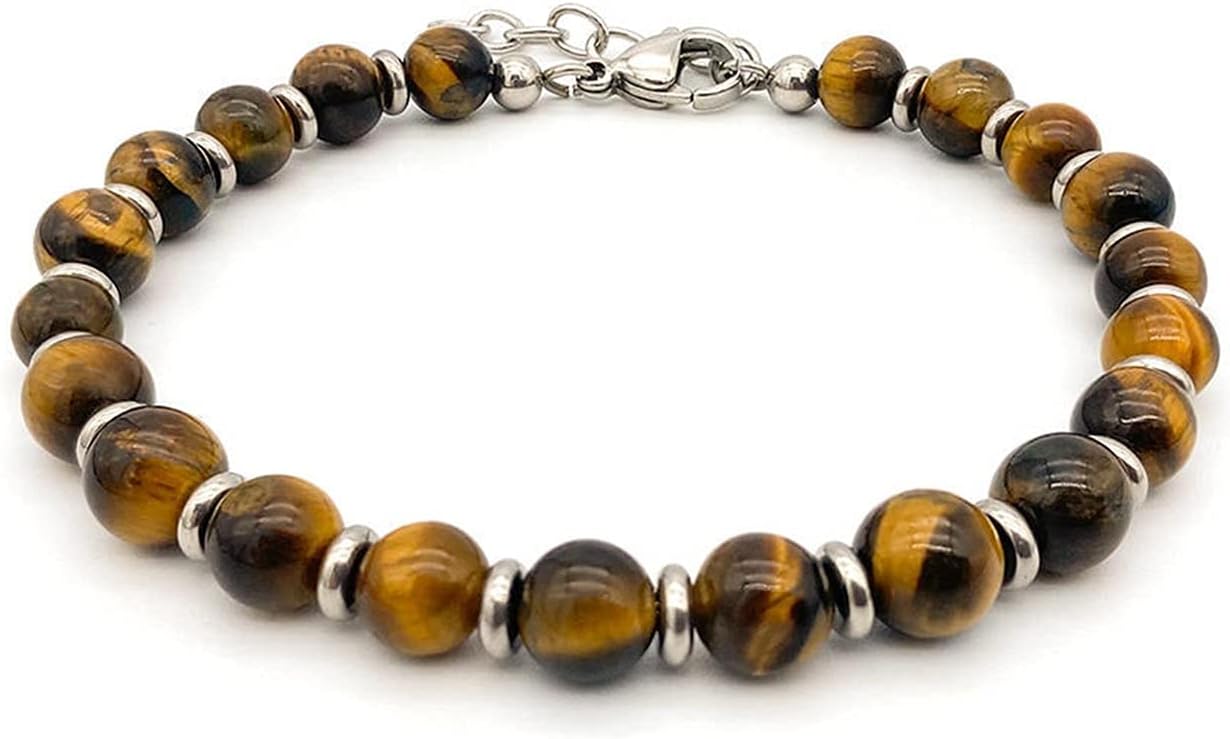 Bracelets Fashion Men s Jewelry Natural Tiger Eye Stone Beaded Bracelet with Stainless Steel 15cm add 5cm,Bracelets