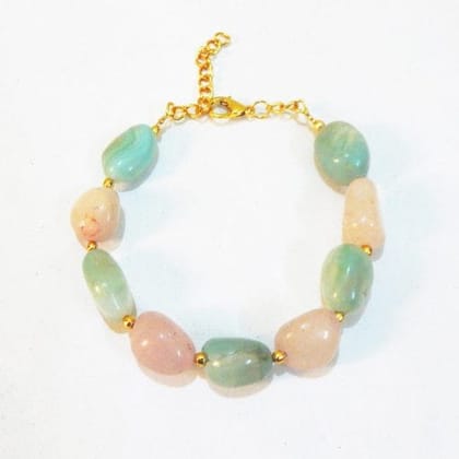 GEMSTONE ROSE QUARTZ & GREEN AVENTURINE TUMBLE HEART CHAKRA GOLD CHAIN BRACELET