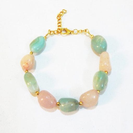 GEMSTONE ROSE QUARTZ & GREEN AVENTURINE TUMBLE HEART CHAKRA GOLD CHAIN BRACELET