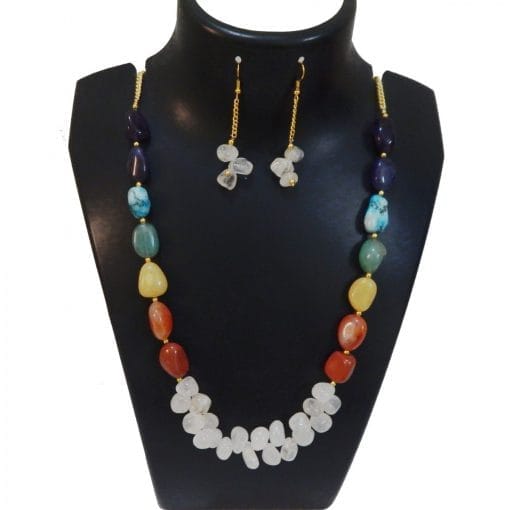 GEMSTONE MULTICOLOR TUMBLE & WHITE CRISTAL TUMBLE CHIPS 7 CHAKRA NECKLACE