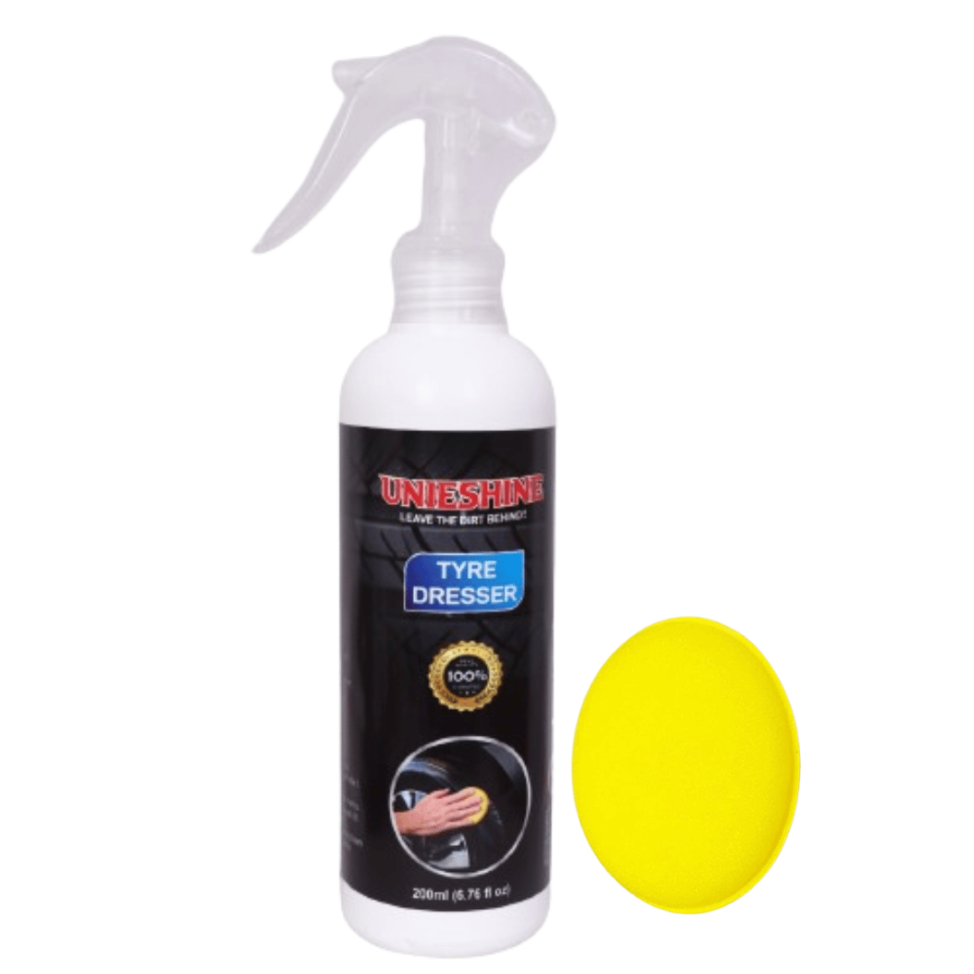 Unieshine Tyre Shine and Protectant Spray 200 ML for Car & Bike with Polish applicator sponge | Long Lasting Tyre Polish | Non-Greasy No Sling Formulation No Dust Attraction