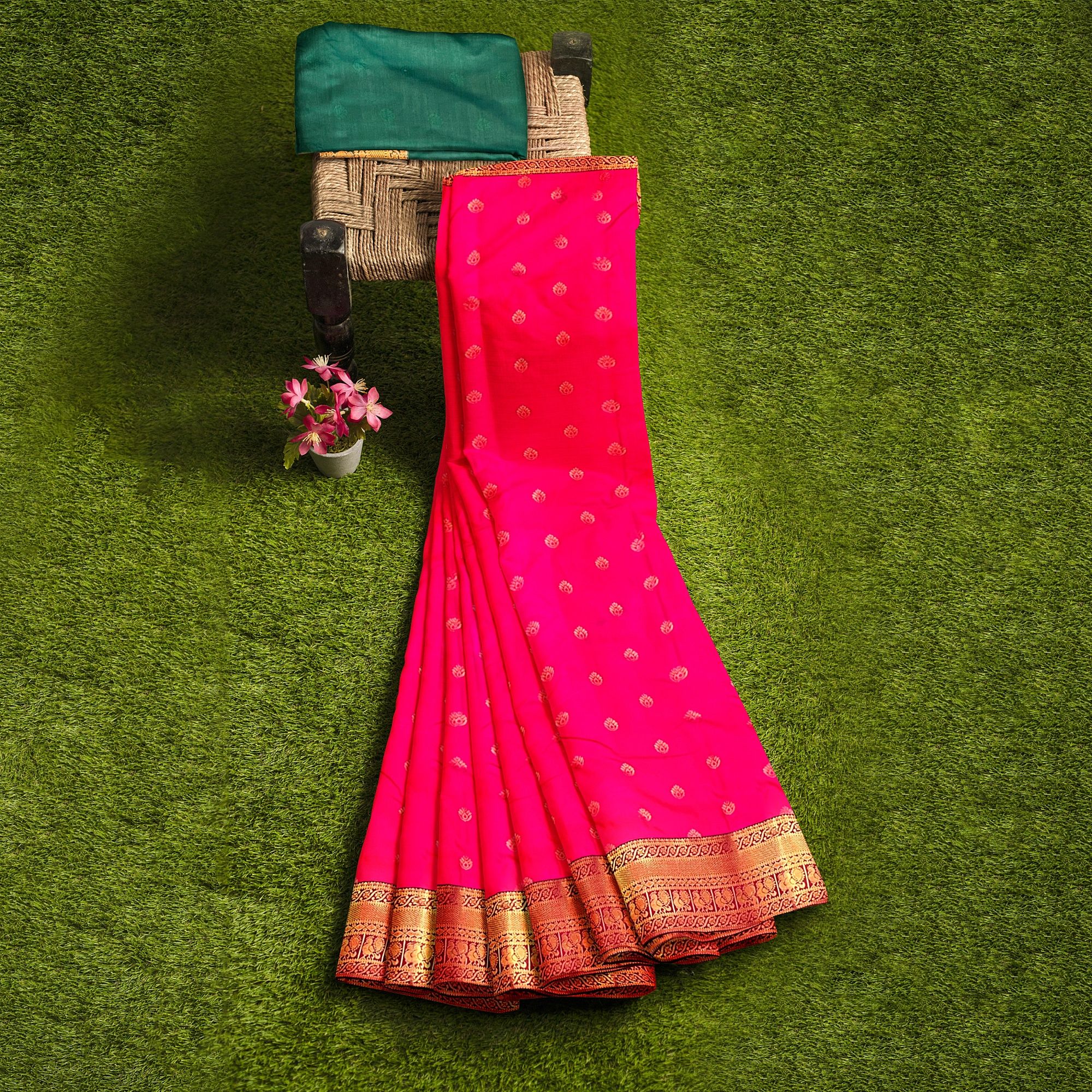 Ruby pink body with zari worked border 1000 buttas semi silk saree.