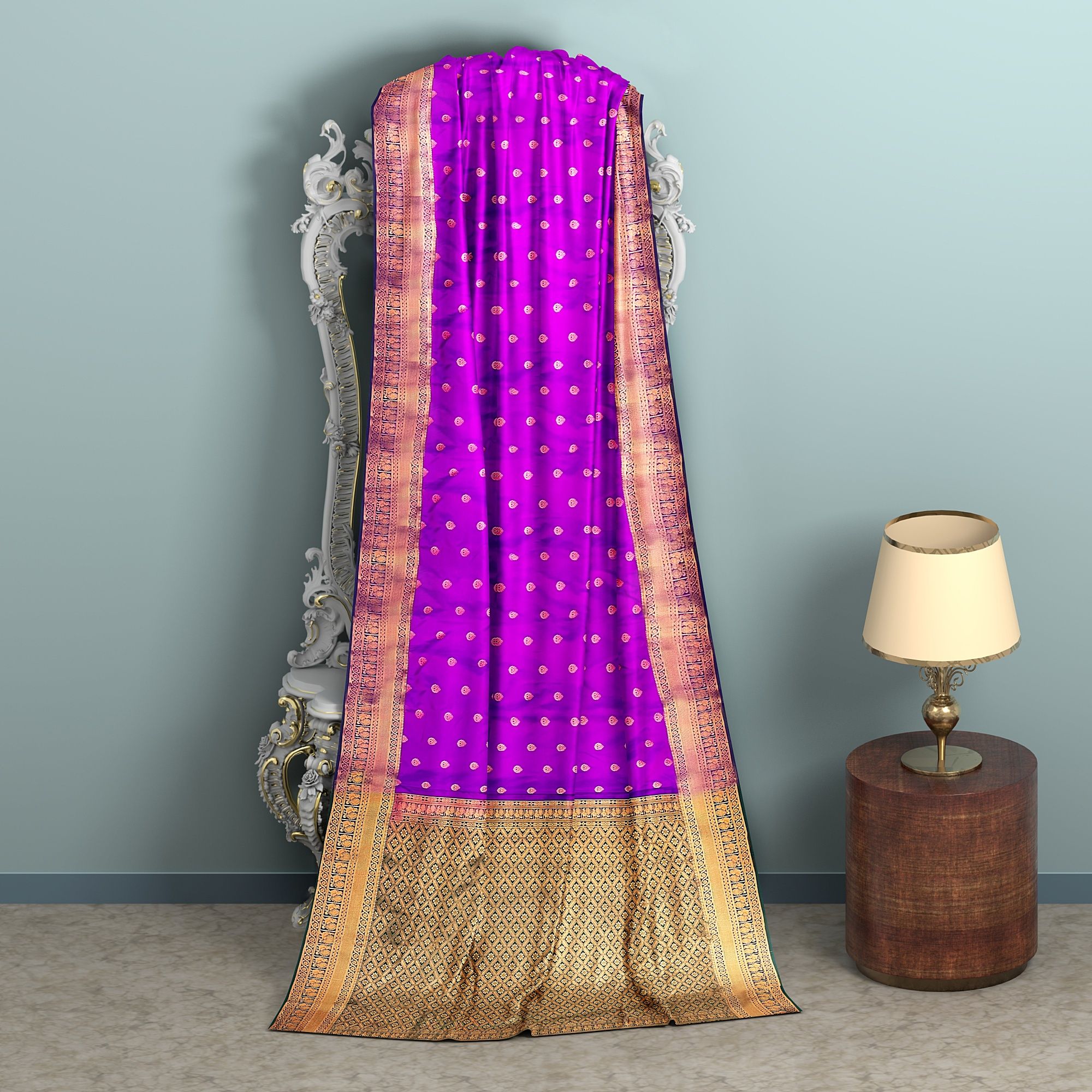 purple body with zari worked border 1000 buttas saree.