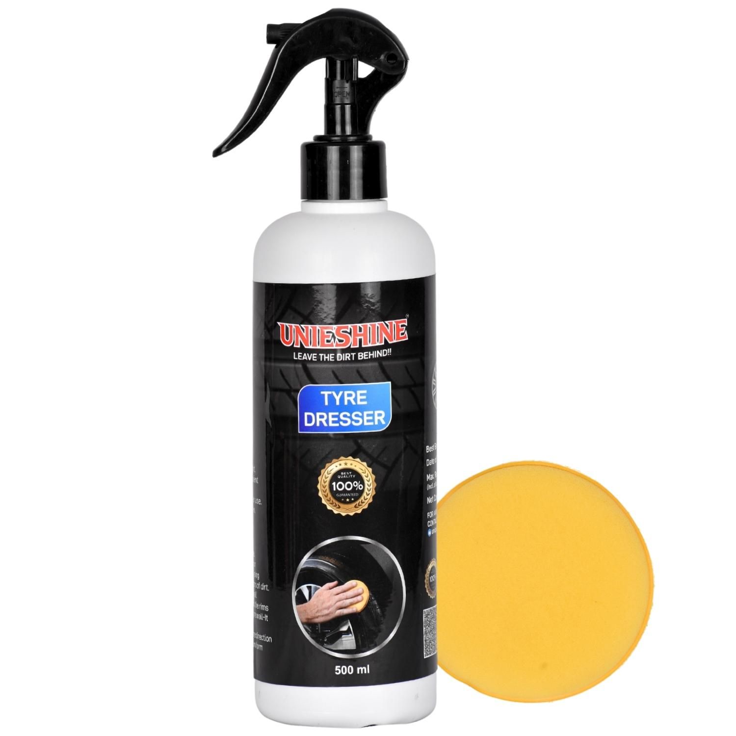 Unieshine Tyre Shine And Protectant Spray 500 ML For Car & Bike With Polish Applicator Sponge | Long Lasting Tyre Polish | Non-Greasy No Sling Formulation No Dust Attraction