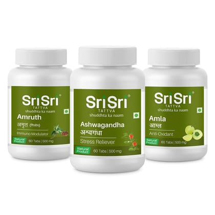 Sri Sri Tattva Stress Relief, Memory Enhancer and Immunity Kit (Ashwagandha, Amla, Amruth Tabs)