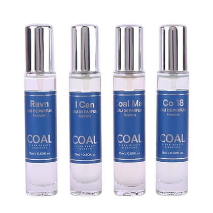 COAL Clean Beauty Travel Gift Pack Eau De Parfum with Top Notes of Whisky, Pineapple, Grapefruit & Oud | Luxury Perfume with Long Lasting Fragrance, Compact Size & Perfect For Gifting | Men | 15ml x 4