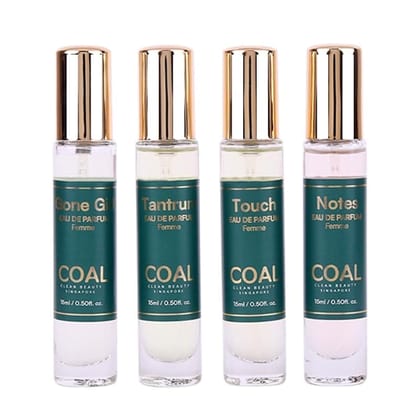 COAL Clean Beauty Travel Gift Pack Eau De Parfum with Top Notes of African Orange Flower, Pineapple, Bergamot & Rangoon Creeper | Luxury Perfume with Long Lasting Fragrance, Gifting | Women | 15ml x 4