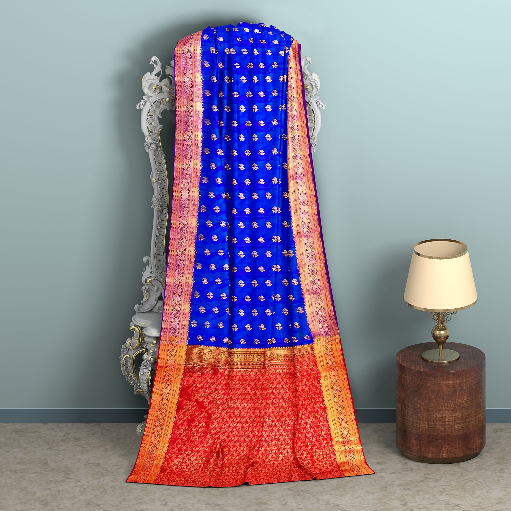 Blue body with zari worked red border 1000 buttas semi silk saree