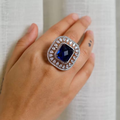 Blue Cubic Zirconia Statement Cocktail Ring - Silver Finish