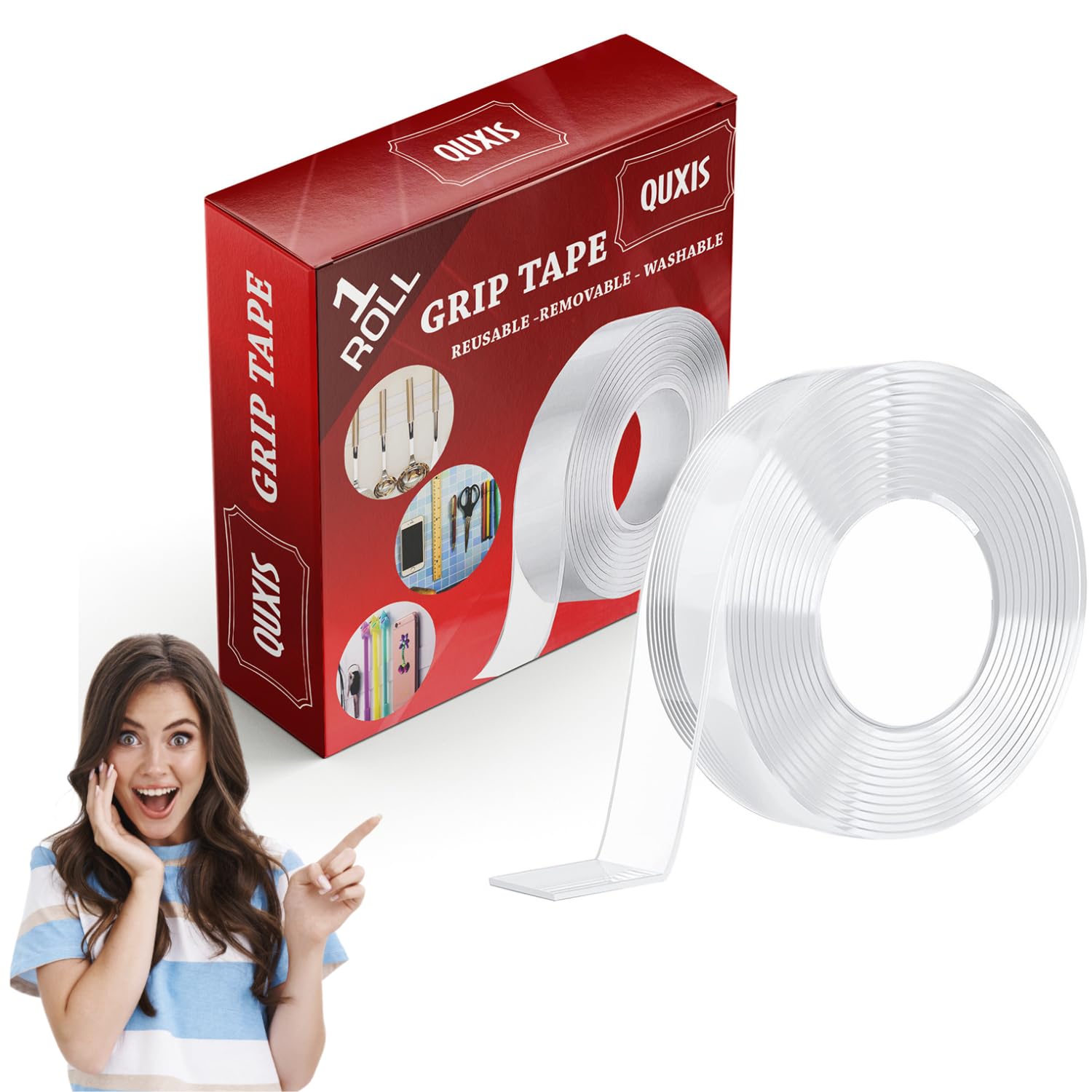 QUXIS®Double Sided Tape with Heavy Duty Adhesive Silicone Tape,3Meter,2mm Removable and Washable Grip Mounting Tape, for Home Office Car Decoration, Fixing Carpets