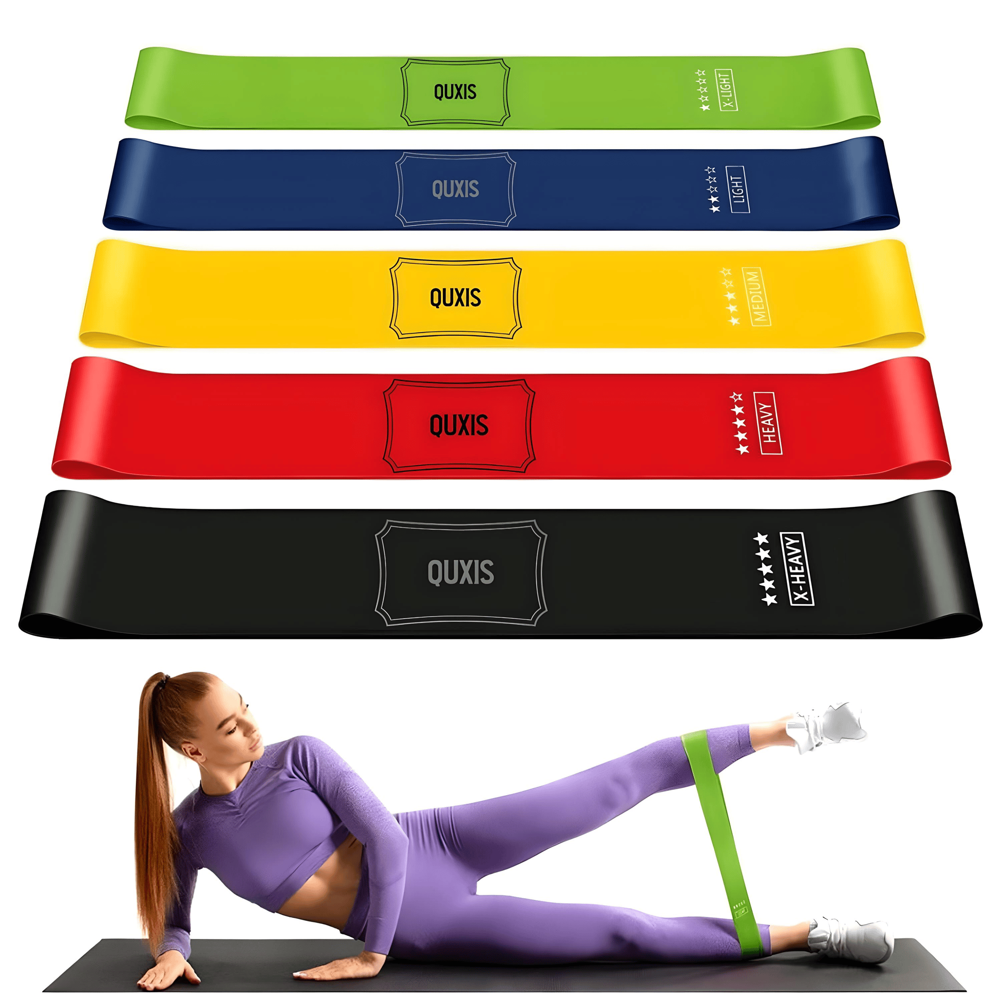 QUXIS Resistance Bands Set for Men and Women, Pack of 5 Different Levels Elastic Band for Home Gym Long Exercise Workout – Great Fitness Equipment for Training, Yoga – Free Carrying Bag