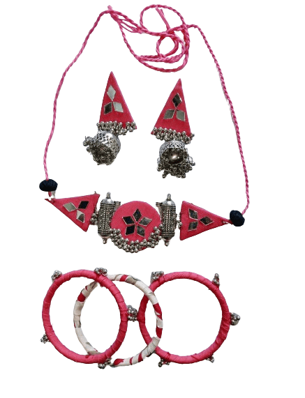 handmade red colour chokar with earrings and bangels set for women and Girls