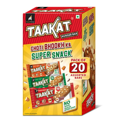 Taakat Hunger Bar - Assorted Box of 20 bars (10 bars of Almond Delight, 5 bars of Namkeen Masti and 5 bars of Crunchy Coconut)