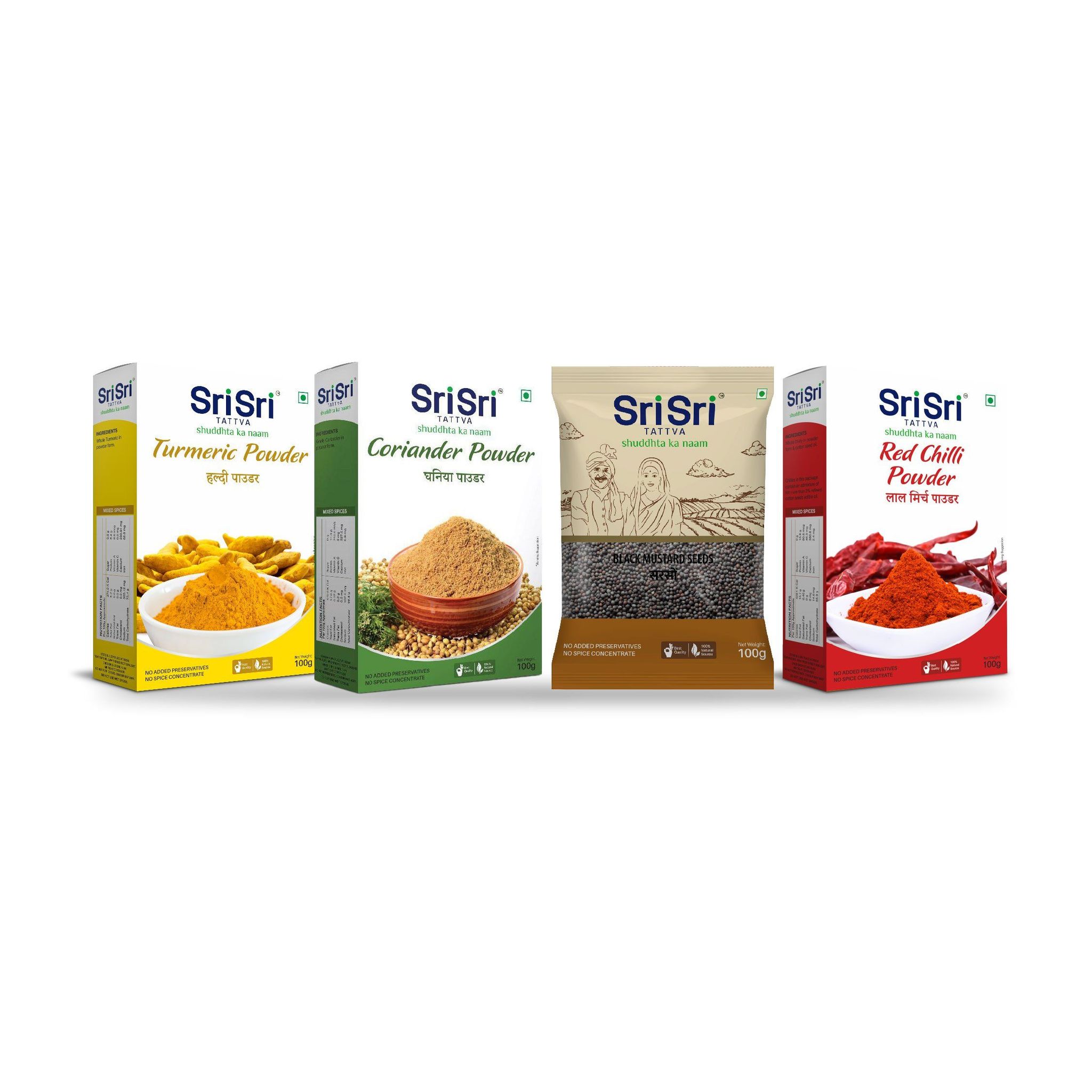 Sri Sri Tattva Daily Masala Combo (Turmeric Powder , Coriander Powder , Black Mustard Seeds, Red Chilli Powder)