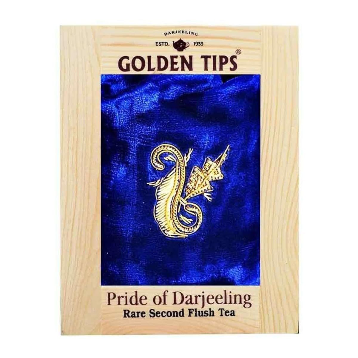 Golden Tips Rare Second Flush Darjeeling Tea | Perfect for Gifting | Available in The Packing of Pinewood Box with Zardosi Work on Velvet Pouch