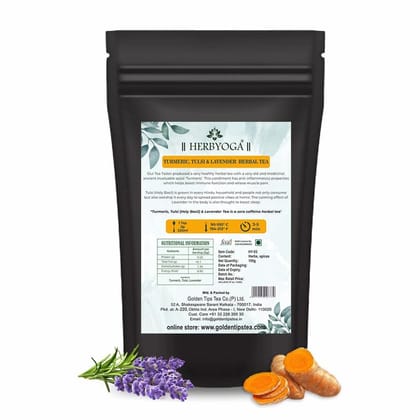 Golden Tips HERBYOGA Herbal Tea Tulsi, Turmeric and Lavendar Pouch (100 Gram, 50 cups)