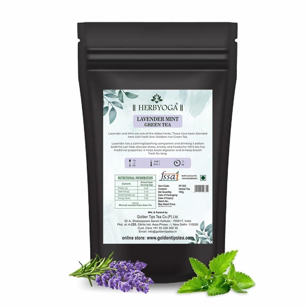 Golden Tips HERBYOGA Green Tea Lavendar and Mint Pouch (100 Gram, 50 cups)