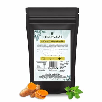 Golden Tips HERBYOGA Herbal Tea Tulsi, Turmeric and Ginger Pouch (100 Gram, 50 cups)