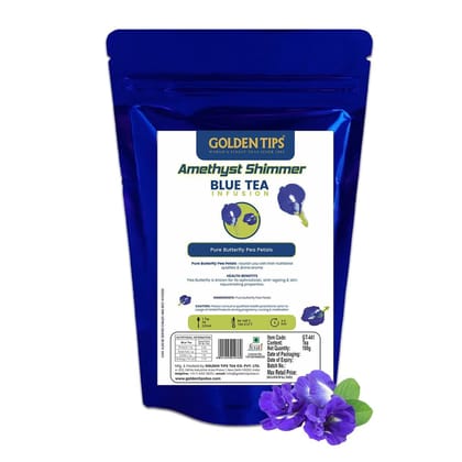 Golden Tips Amethyst Shimmer Pure Butterfly Pea Petals Infusion Blue Tea, Dried Butterfly Pea Flower, Premium Zipper (100gm-50 cups)