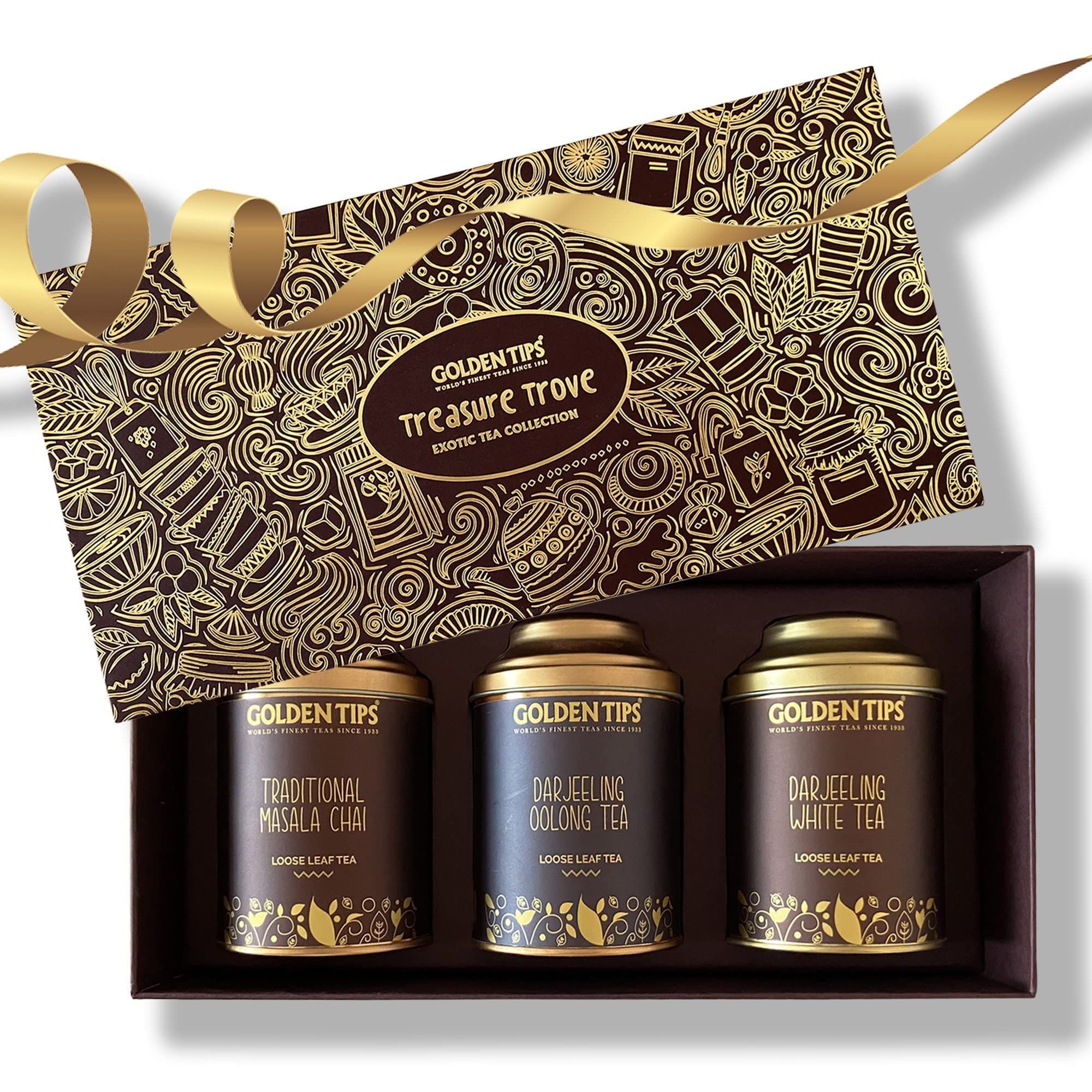 Golden Tips Assorted Tea Gift Box | Immunity Boosting Darjeeling Teas | Gift of Health | Diwali Gift Set | Gift Hamper Combo of Masala chai + Oolong Tea + Darjeeling White Tea