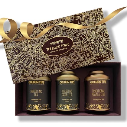 Golden Tips Assorted Tea Gift Box | Perfect Diwali Gifts for Family and Friends | Diwali Gift Set | Gift Hamper of Darjeeling Tea + Darjeeling Green Tea + Masala Chai