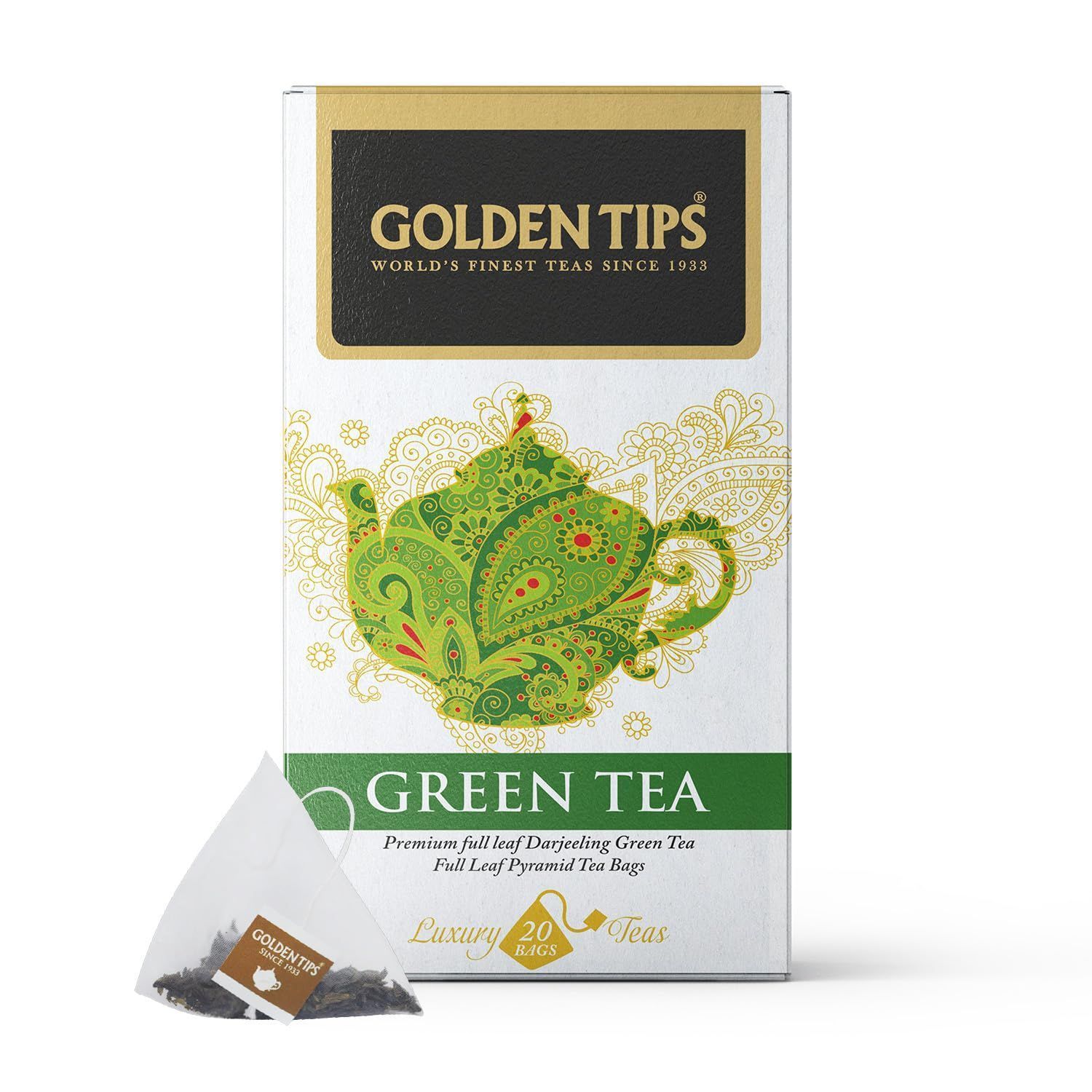 Golden Tips Healthy/Natural and Organic Garden Fresh Darjeeling Green Pyramid Tea Bags (20 Bags, 40 Gram)