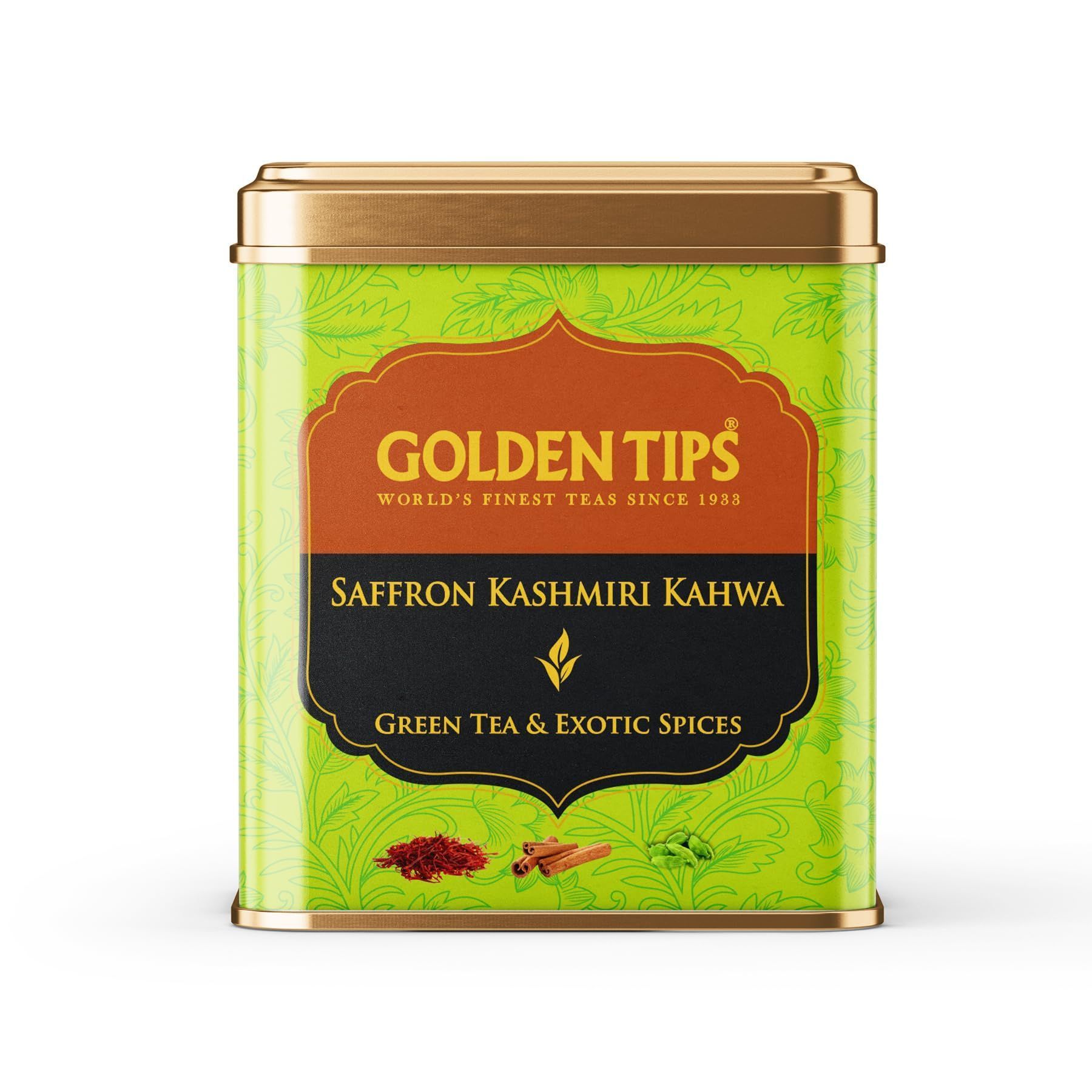 Golden Tips Kashmiri Kahwa Green Tea Blended with Cinnamon Sticks, Cardamom, Saffron Loose Leaves Tin Can (100 Gram, 50 cups)