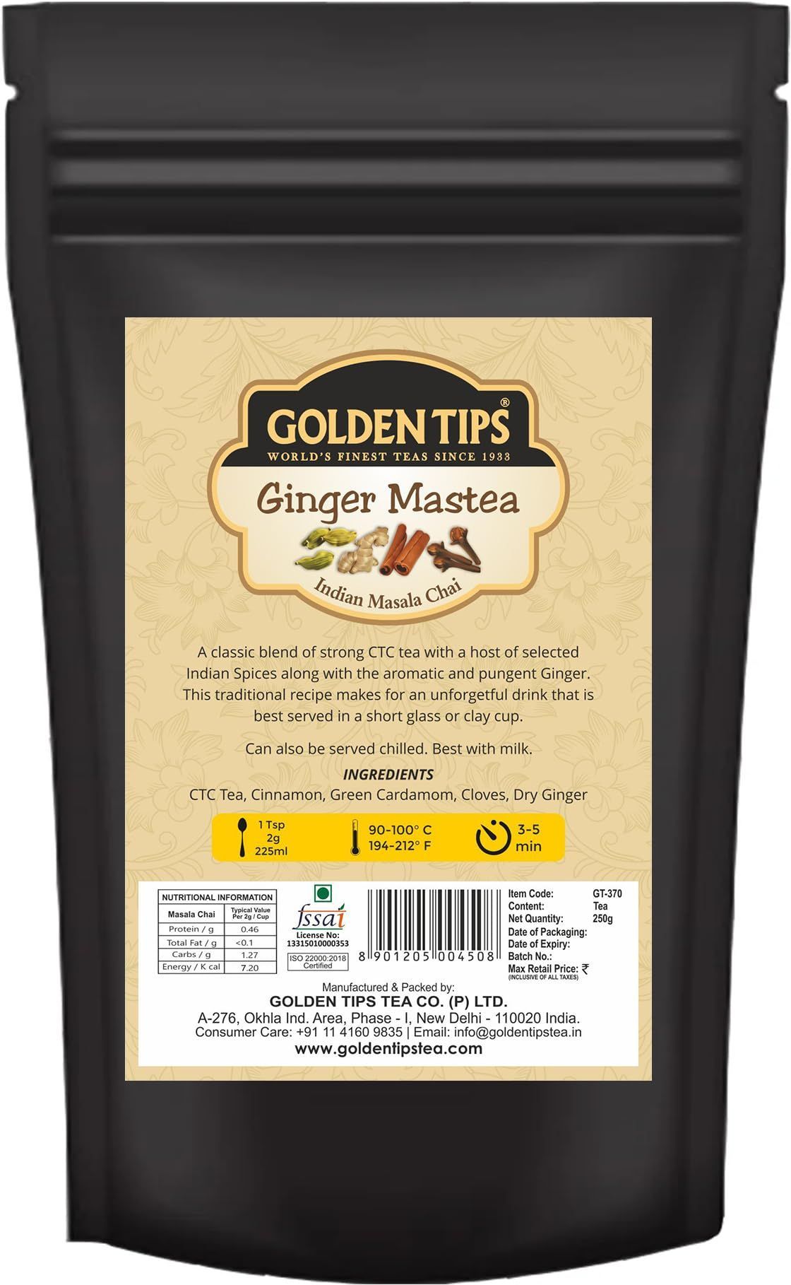 Golden Tips Loose Leaves Masala Tea Blended with Cardamom, Cinnamon, Cloves and Ginger Exotic Chai (250 Gram, 125 cups)