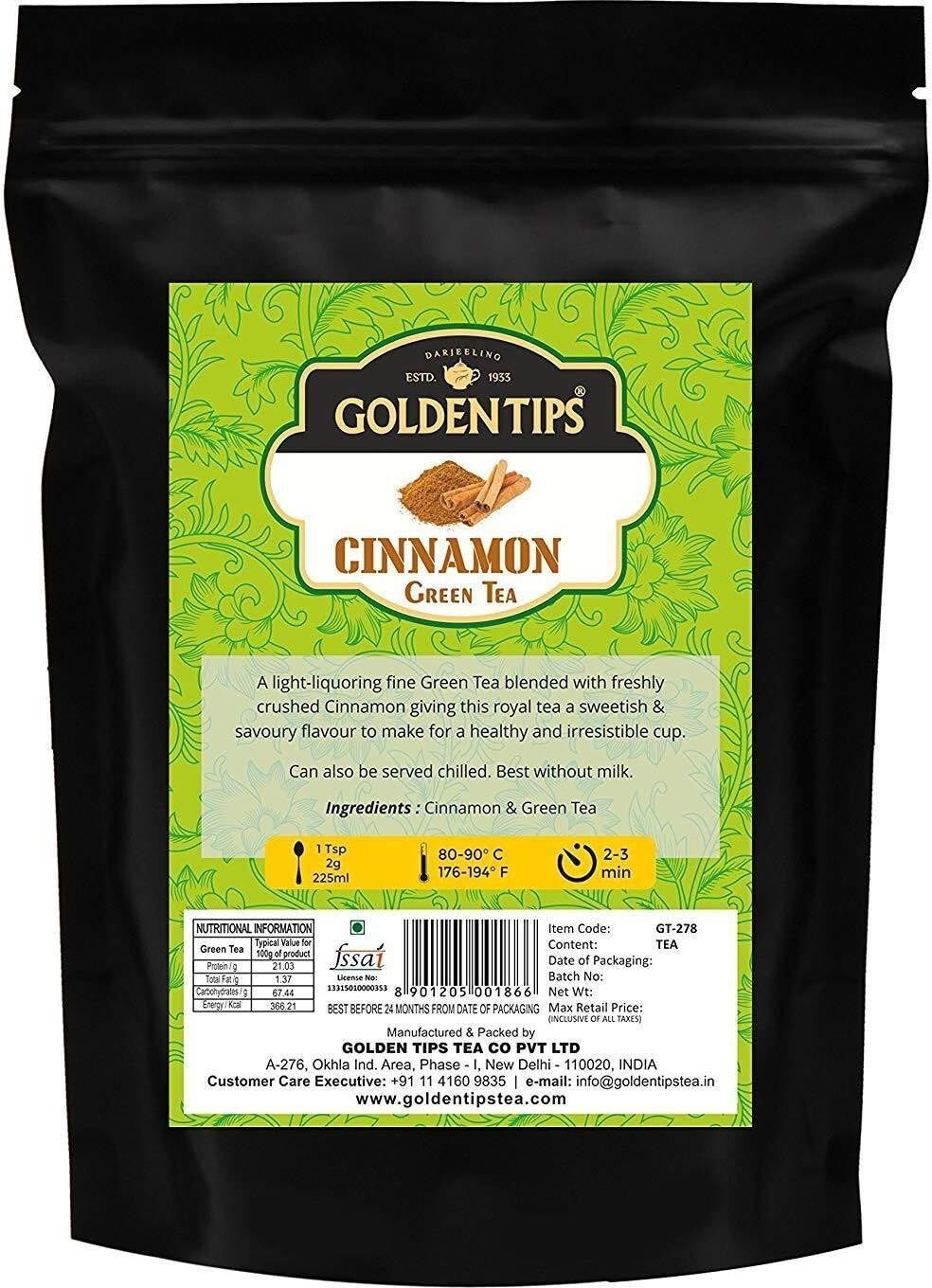 Golden Tips Cinnamon Organic Green Tea for Fast Weight and Glowing Skin Loss from Darjeeling, Assam | Lemon (40 Cups), 100 g