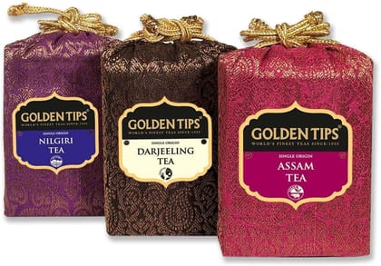 Golden Tips Black Tea, 3-in-1 Darjeeling, Nilgiri & Assam Brocade Bags|Best for Gifting, Filled with Nice Taste and Aroma, 3 X 50 Gram