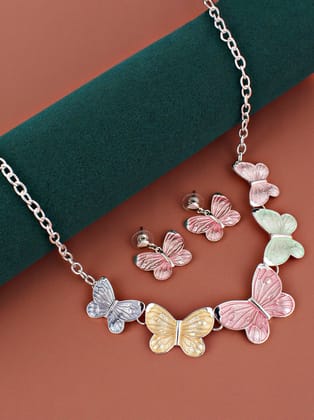 LUCKY JEWELLERY Fashion Jewelry for Women & Girls Butterfly Necklace|Silver Plating Multicolor Necklace With Earrings|Birthday Gift Women Anniversary Gift for Wife Valentine Gift (480-CHSM1-1162-MT)