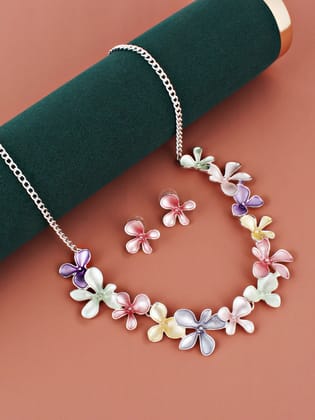 LUCKY JEWELLERY Fashion Jewelry for Women & Girls Necklace|Silver Plating Multi Color Floral Necklace With Earrings|Birthday Gift for Women Anniversary Gift for Wife Valentine Gift (480-CHSM1-1164-MT)