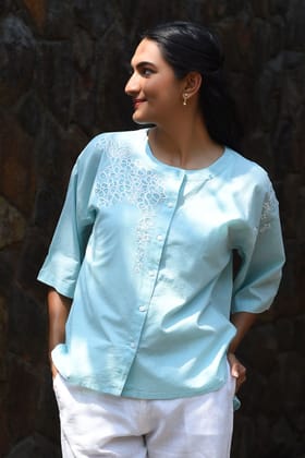 Nargis Blue Kashmiri Crewel Hand Embroidered  Cotton Top.