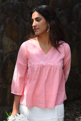 Nargis Pink Kashmiri Crewel Hand Embroidered  Cotton V-Neck Top