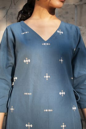 Akriti Blue Handwoven Extra-Weft V neck Dress