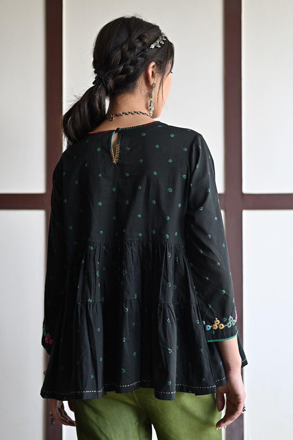 Kaanch Three-Quarter Sleeve Bandhej And Embroidered Black Top