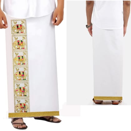 Chahat Lace Ultimate Comfort and Style Men's Pure Cotton White Lungi with Gold Jari Elephant Border- 2 Mtrs, Perfect for Men - Single Lungi
