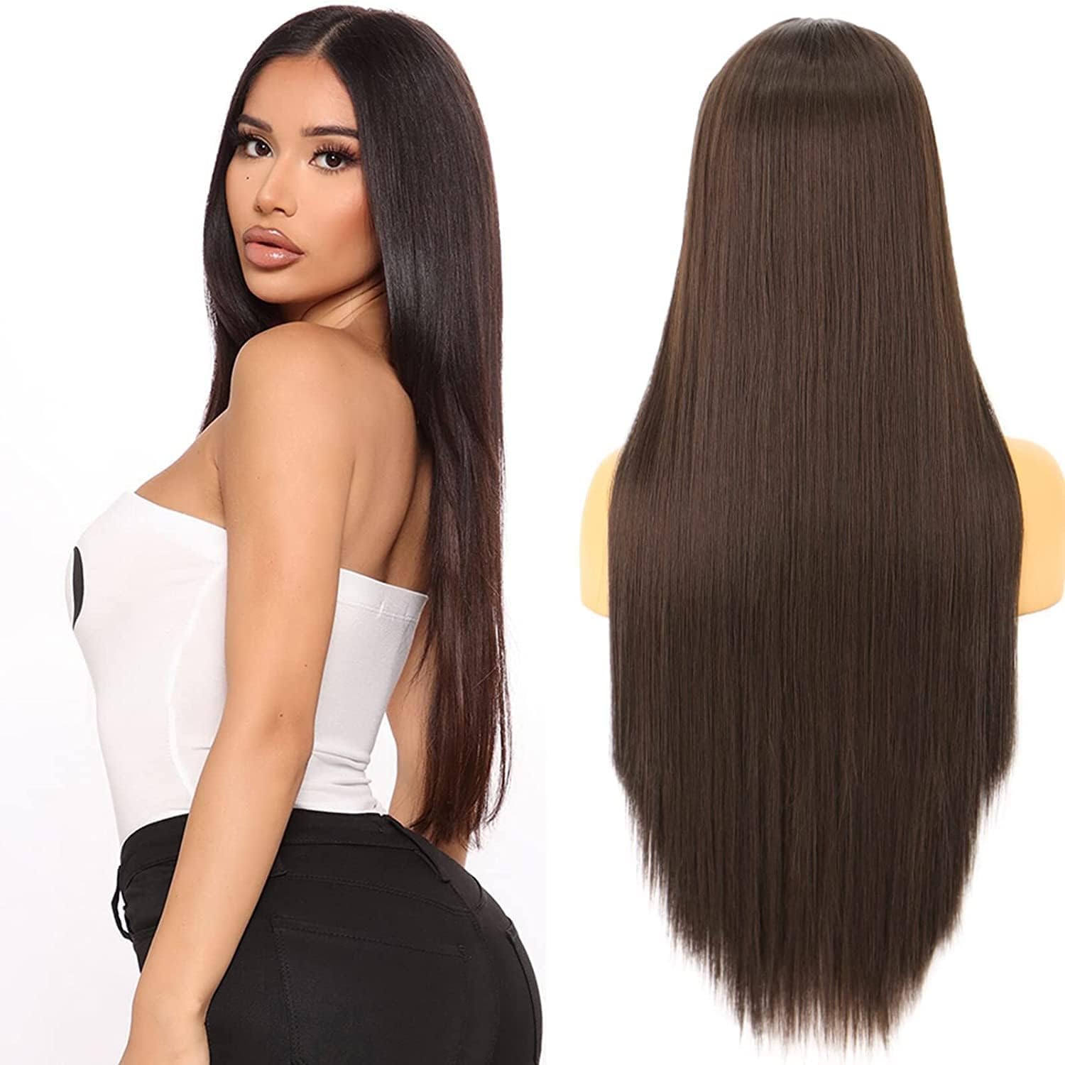 Akashkrishna Long Straight Natural Brown Full Head Wigs for Women Synthetic With Middle Part Wig (Pack of 1, Brown)