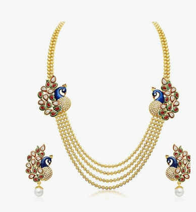 Stella Creations Four Layer Multi colour Peacock Design Golden Beads Kundan Necklace Set for Women and Girls