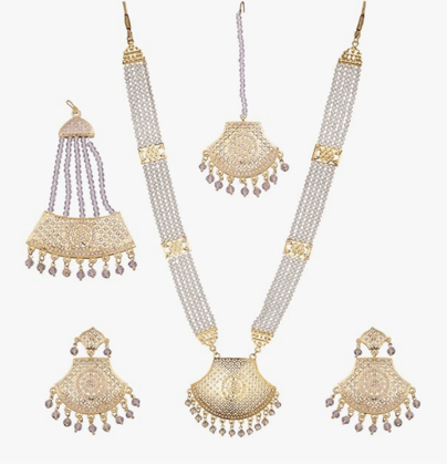 ARyee Alloy Necklace Traditional Kundan Jewellery Set, Necklace Set for Women with Earrings Maang Tikka and Passa