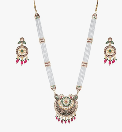 ARyee Rajwadi Pearl Long Rani Haar with Necklace Jewellery Set for Women Cubic Zirconia Gold-plated Plated Metal Necklace Set